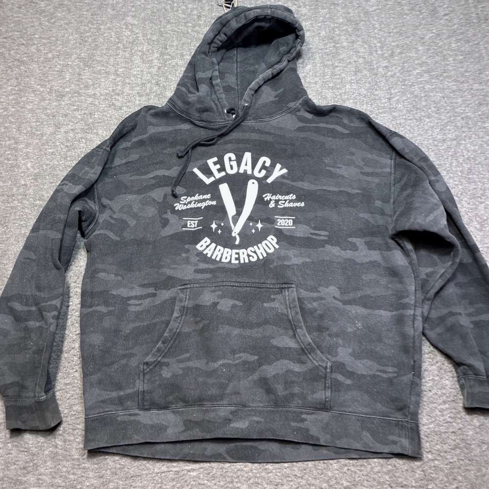 Legacy Barbershop Hoodie Mens 2XL Black Camo Graphic Spokane Washington Heavy